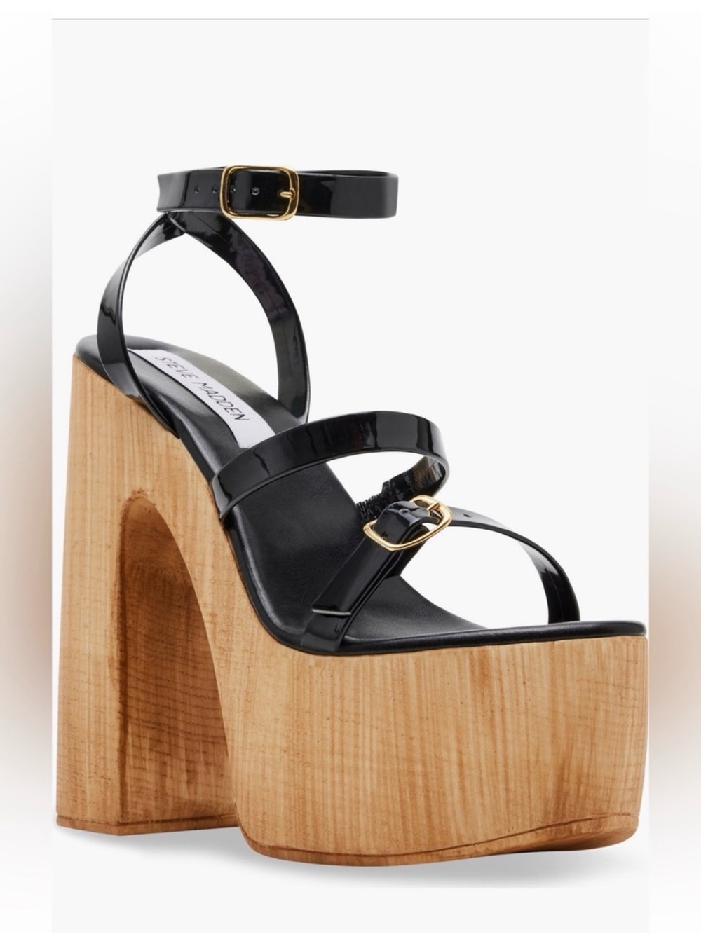 Steve Madden Black Patent Platform Sandal with Wood Block Heel